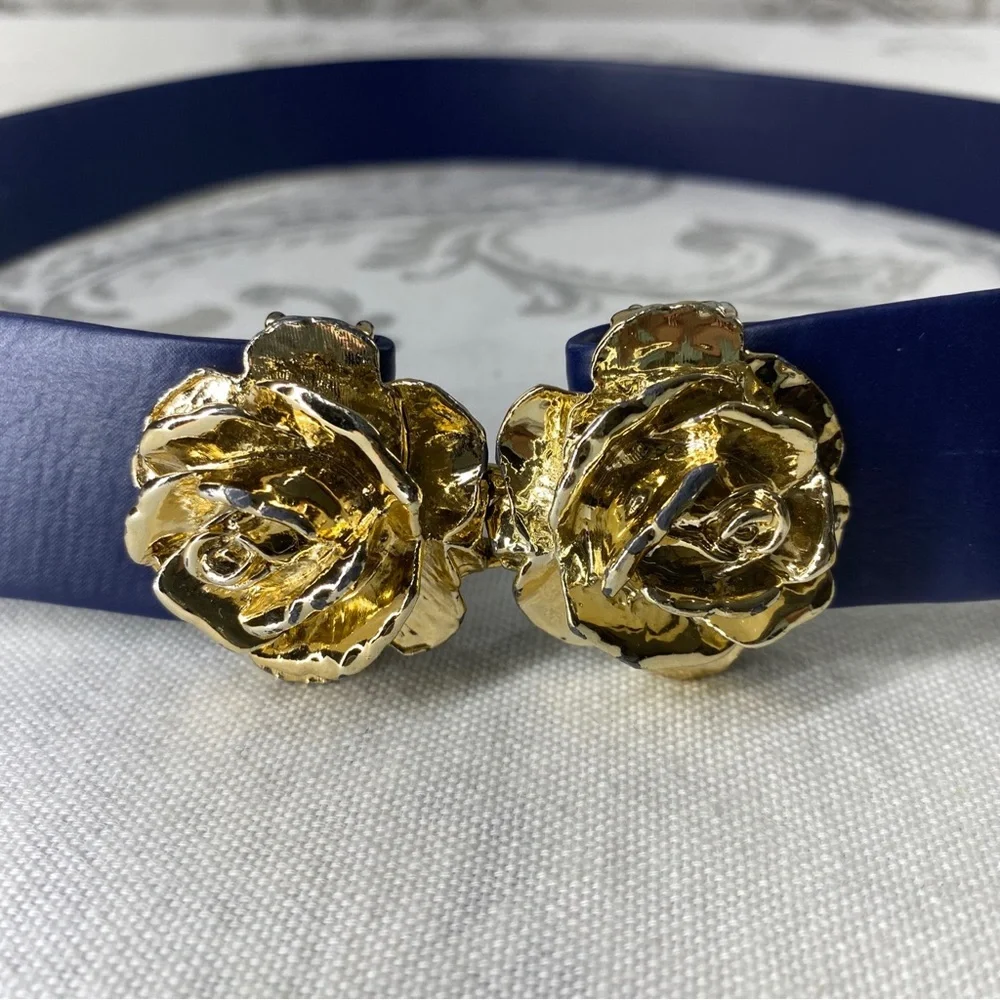 Vintage Rose Belt & Buckle Two Piece Interlocking 1970s‎ 80s Goldtone SM/ MED